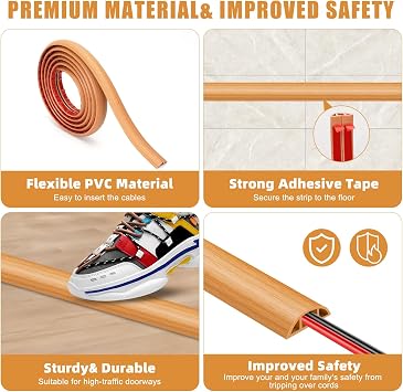 Floor Cable Cover, 3M x 3cm Self-adhesive Floor Cable Protector, Wire Covers for Cables, Flexible Floor Cord Channel for Protect Cables and Prevent Trip Hazards, for Home, Offices, Gyms (Light Brown)