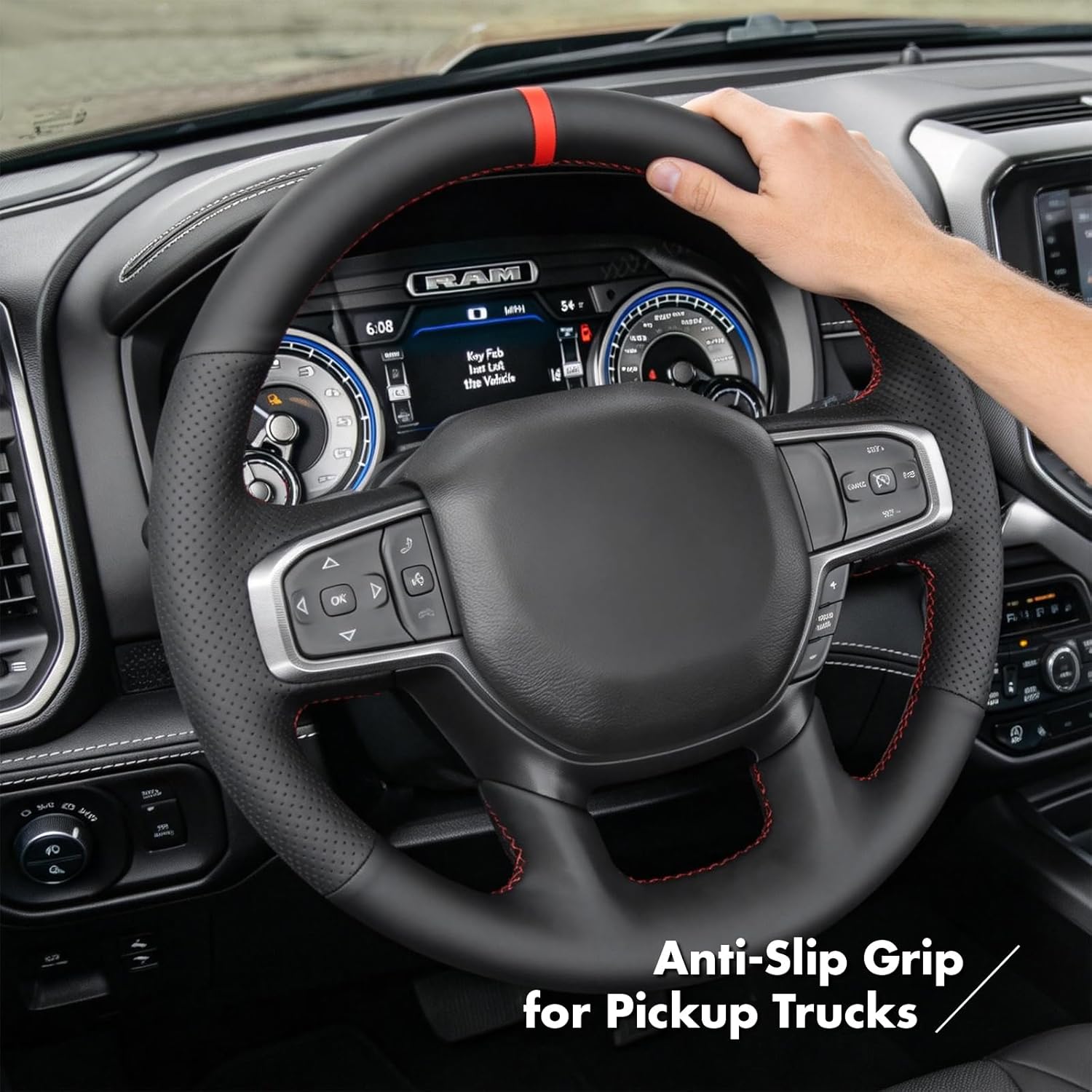 MEWANT Hand-Stitched Steering Wheel Cover Wrap for Dodge Ram 1500 2019-2023 Steering Wheel Accessories for Dodge Ram(Backsides Without Buttons)