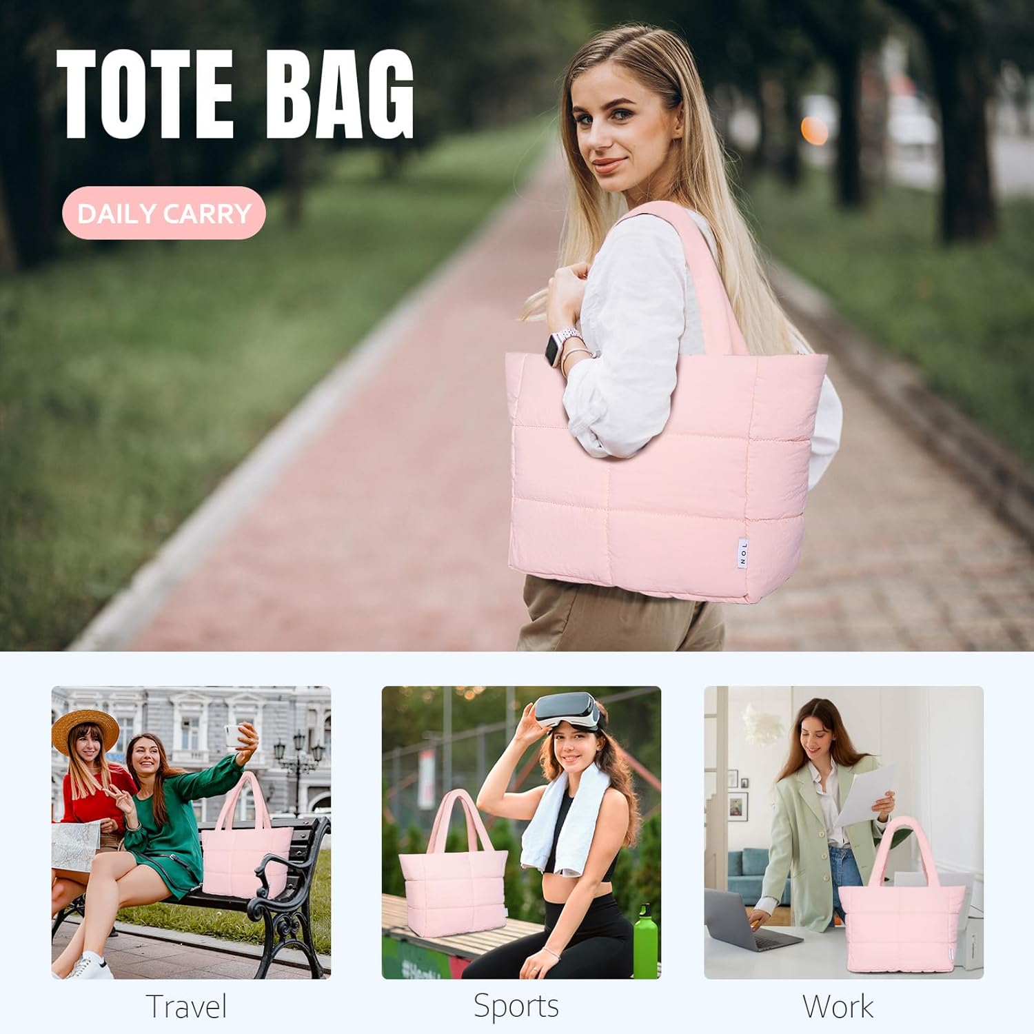 NOL Large Puffy Quilted Tote Bag for Women, Lightweight with Removable Strap & Zippered Compartments for Travel & Work