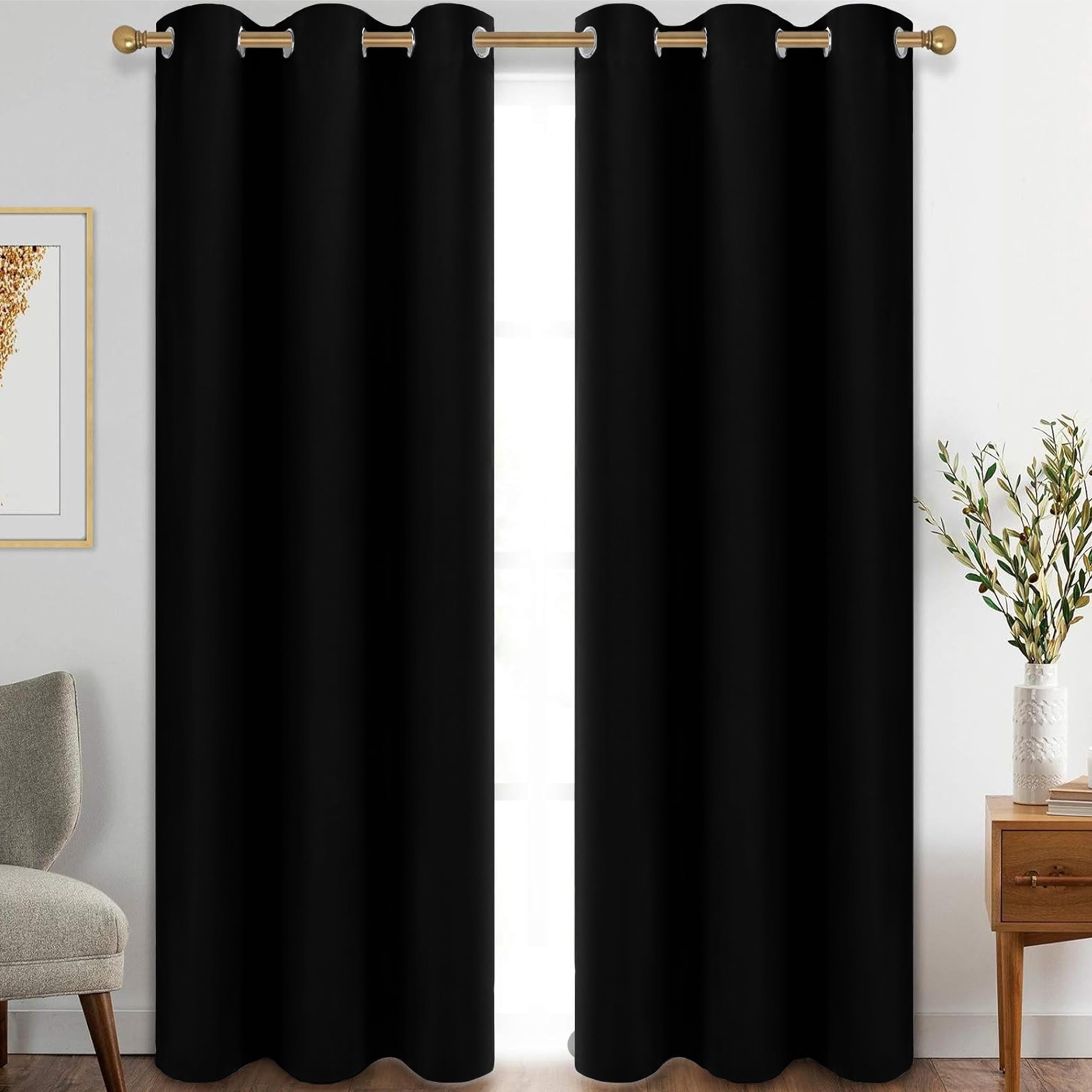 My home store Black Blackout Curtains for Bedroom Super Soft Solid Thermal Insulated Eyelet Blackout Curtains for Living Room W 46" x L 72" (2 Panels)