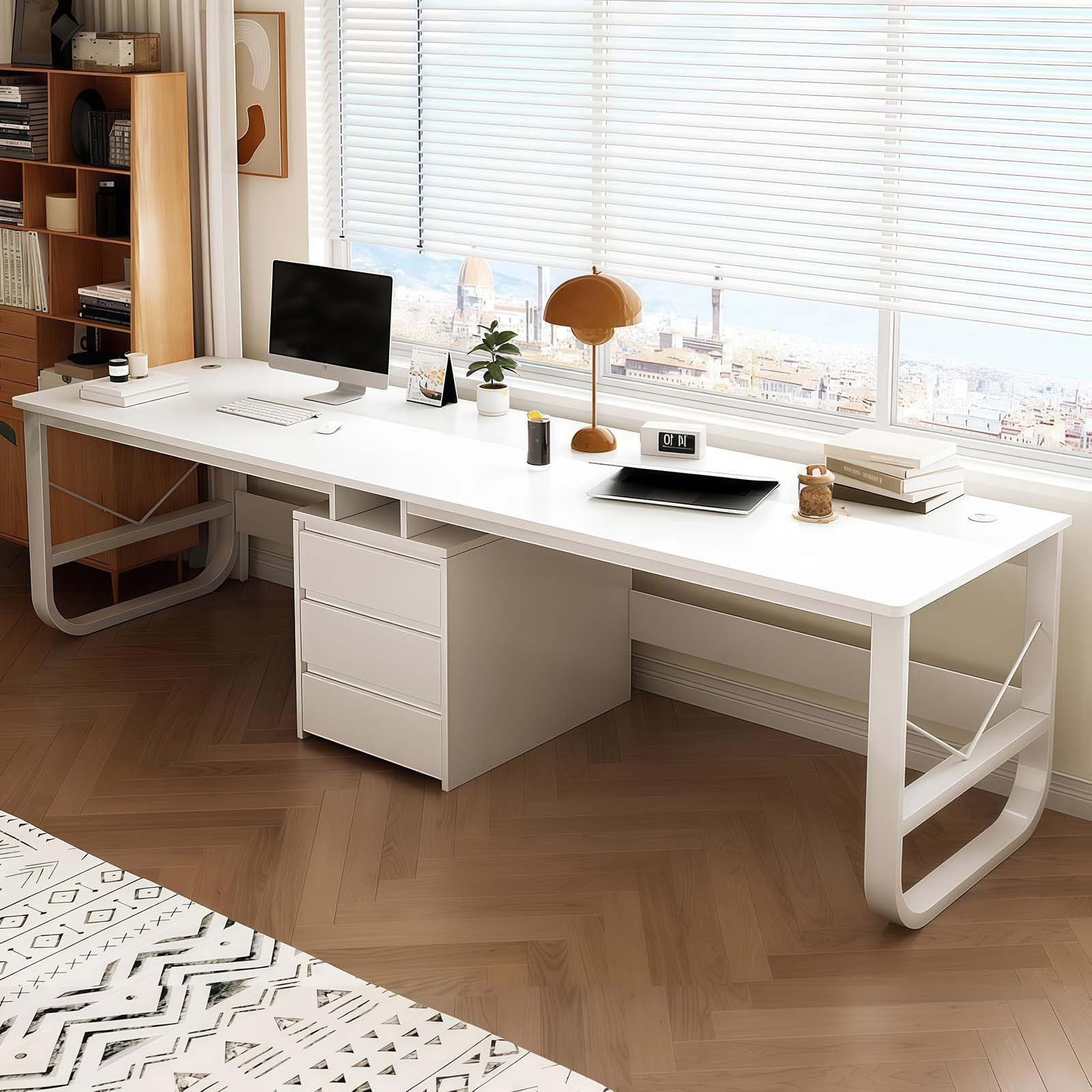 Scrivania per computer, in legno, moderna, doppia scrivania da ufficio, doppia postazione di lavoro con cassetti, scrivania per computer extra lunga per casa e ufficio, bianco, 200 cm