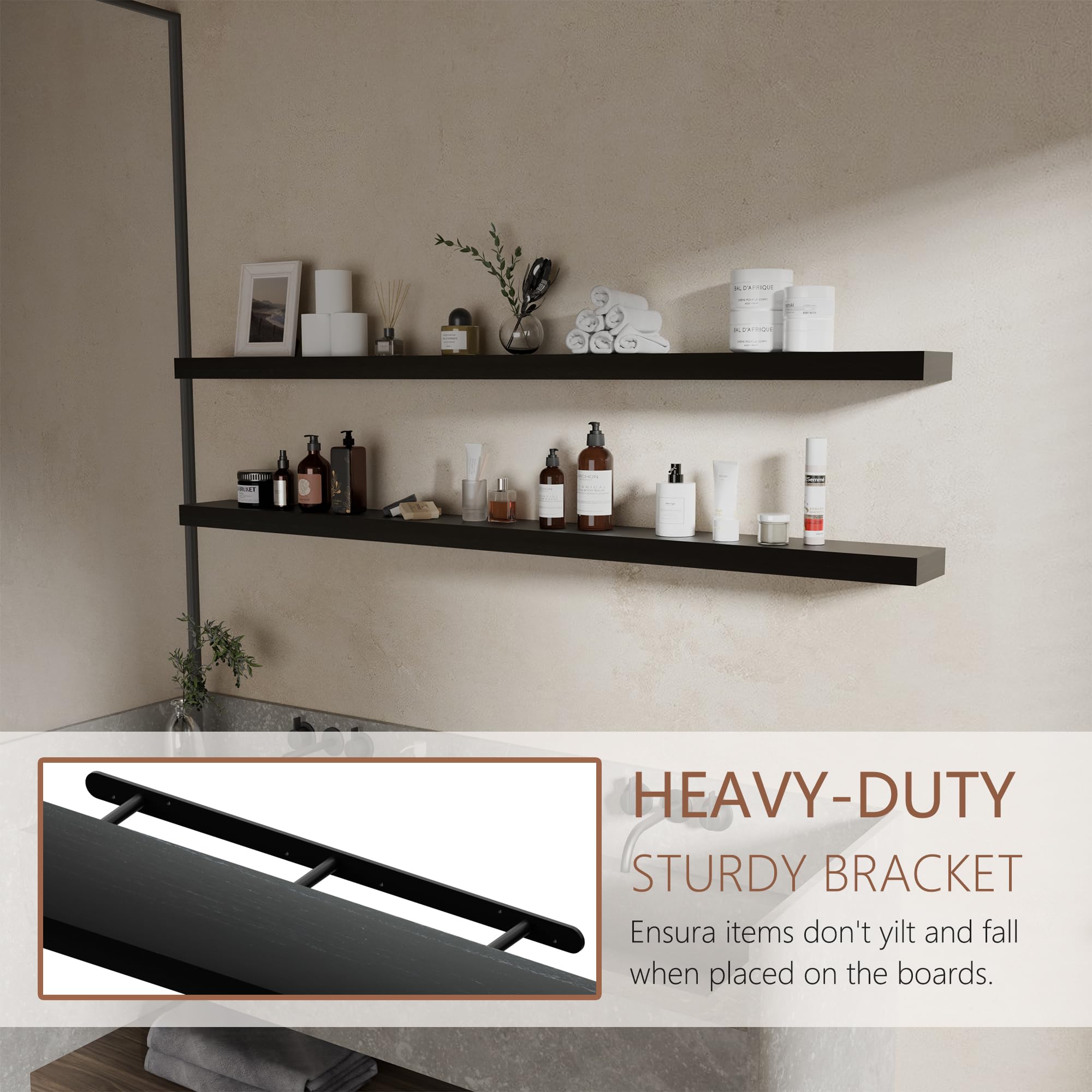 Estantes flotantes de 60 pulgadas de largo para pared, estantes largos de madera maciza, juego de 2, estantes rústicos montados en la pared con soportes invisibles para decoración y