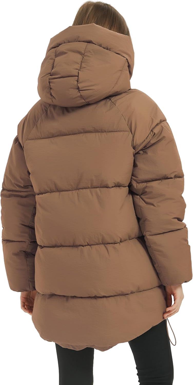 PEHMEA Women Mid-Length Puffer Hooded Jacket Winter Padded Warm Coat Thicken Outerwear Coats(Khaki-XL) - Image 6