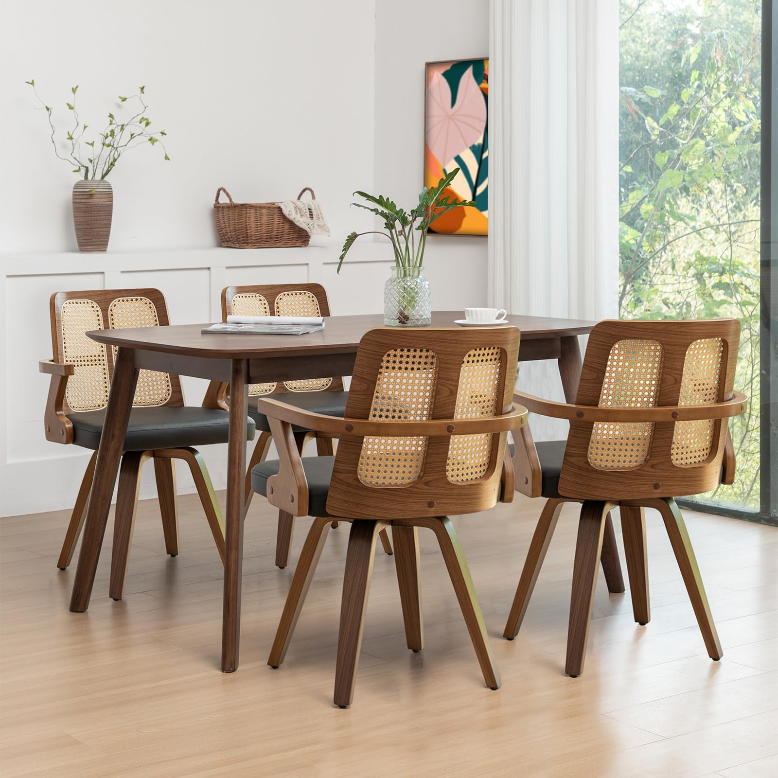 Walnut Dining Chairs - Swivel Rattan Dining Chairs with Bentwood Frame with Ergonomic Cane Back, Curved Arms, MCM Dining Chairs for Kitchen/Restaurant