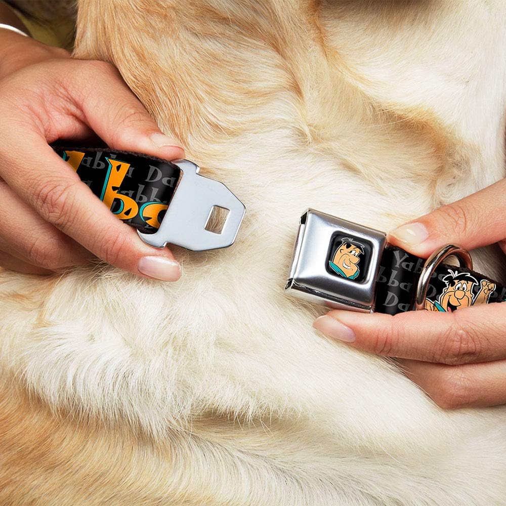 Dog Collar Seatbelt Buckle Fred Face Pose Yabba Dabba Doo Black Gray Orange 15 to 26 Inches 1.0 Inch Wide