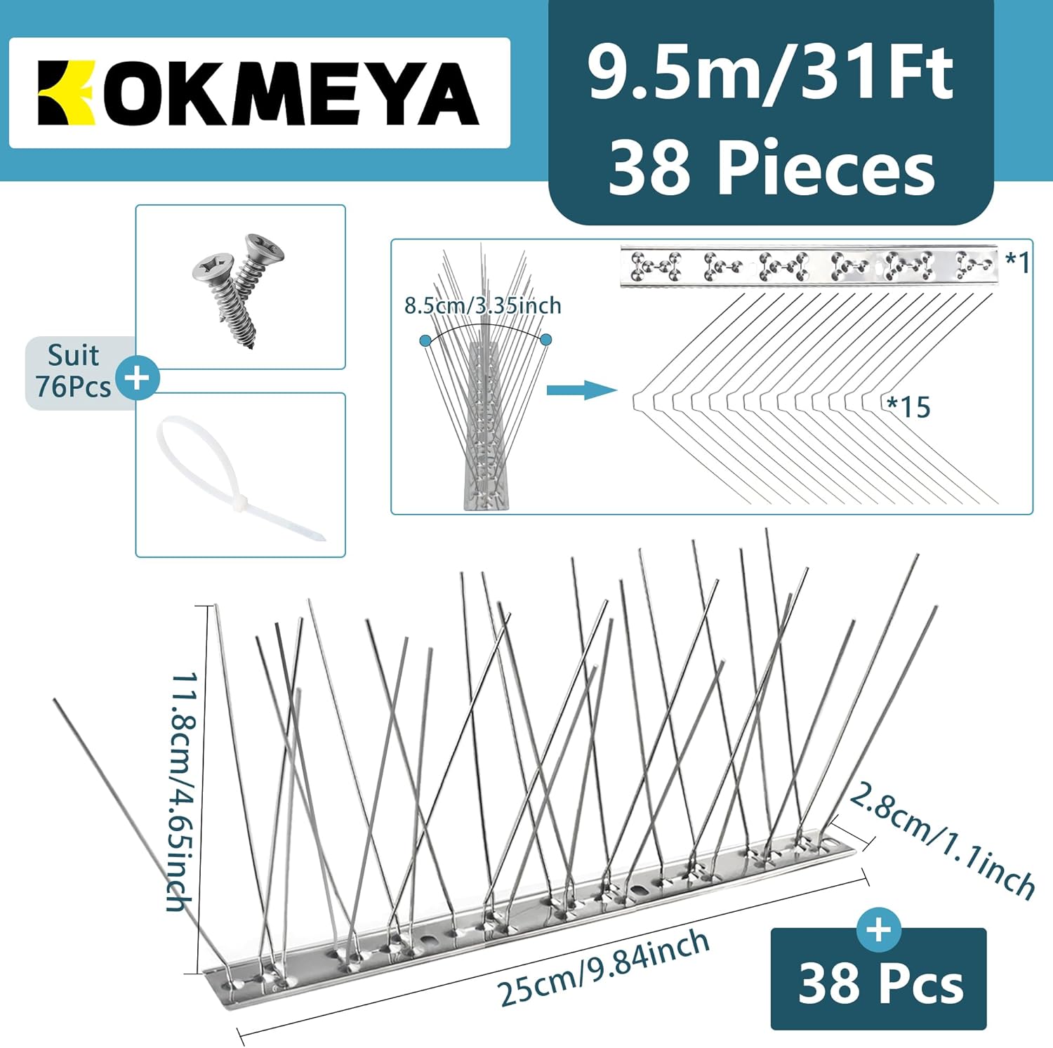 Bird Spikes 31FT, 304 Stainless Steel Bird Deterrents Spikes for Outside to Keep Birds Away Birds Scare Devices Outdoor 38Pcs