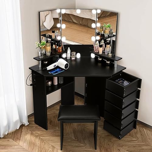 Miniatura 7 de VOWNER Vanity with Lights - Makeup Vanity Desk with Power Outlet, 3 Color Lighting Options Brightness Adjustable, Vanity Table with 5 Rotating