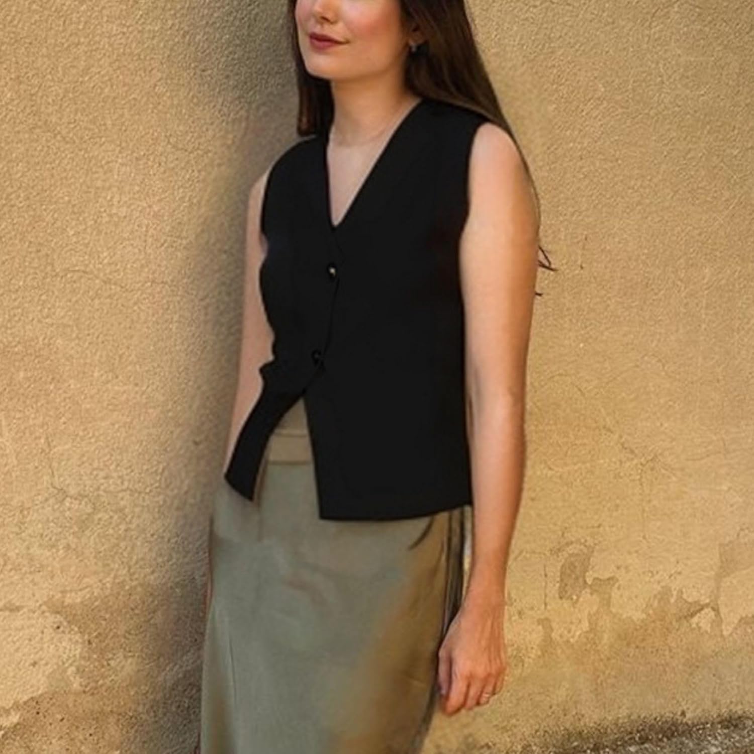 FindThy Women’s Cropped Knit Vest V Neck Button Up Solid Color Sleeveless Gilet Tank Tops(4081-Black-S-LB) - Image 4