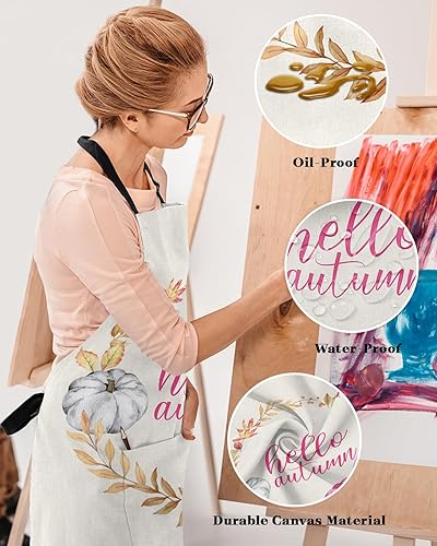Miniatura 4 de Thanksgiving Fall Bib Aprons with Pockets Waterproof, Adjustable Apron for Men Women Hello Autumn Pink Gray Pumpkin Maple Leaf