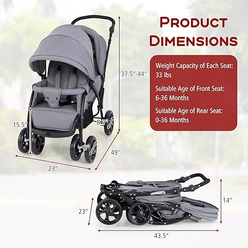 Miniatura 8 de HONEY JOY Cochecito doble, plegable y ligero para bebé individual con asiento en tándem, arnés de 5 puntos, asiento reclinable, canasta de