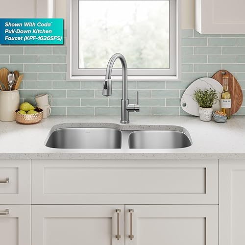 Vista 12 de Kraus, KBU24, fregadero de cocina con doble cavidad 60/40, de acero inoxidable, bajo cubierta de 32 pulgadas, de calibre 16, KBU24