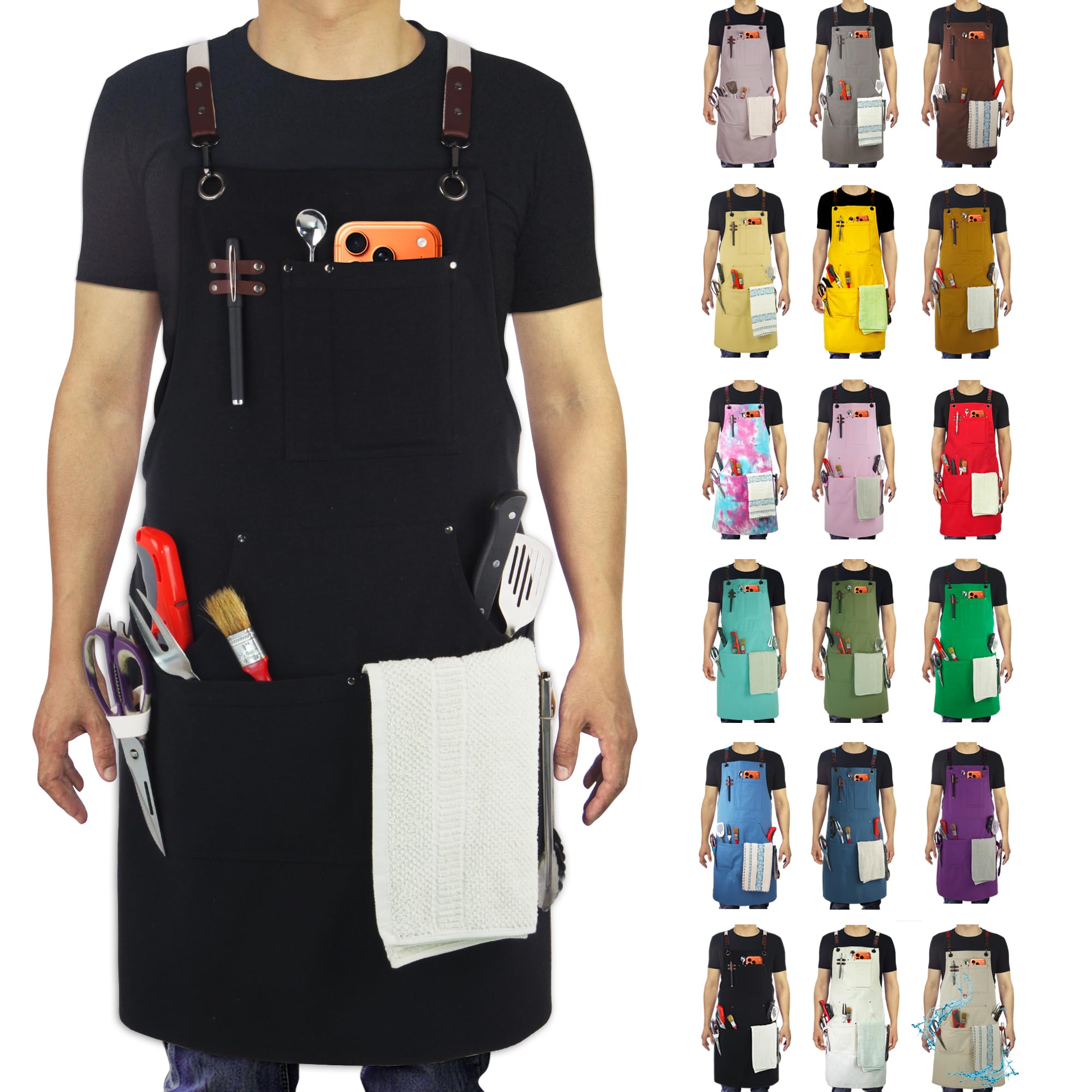 Handmade Work Apron,Cotton Canvas,Multiple Pockets,Adjustable Cross Back Weight 787415747927