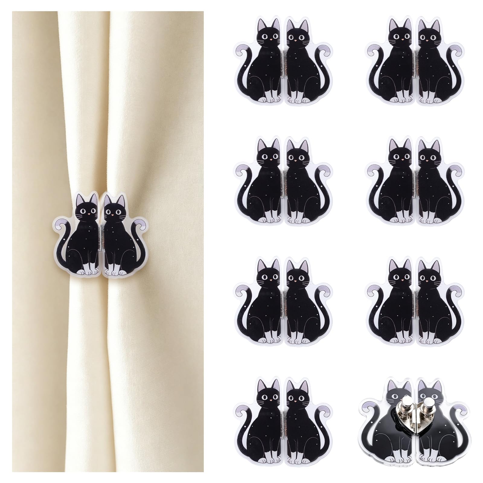 UFURMATE 8 Pairs Black Cat Magnetic Curtain Closure, Decorative Keep Curtains Closed Magnets Detachable Drape Buckle for Preventing Light Leakage