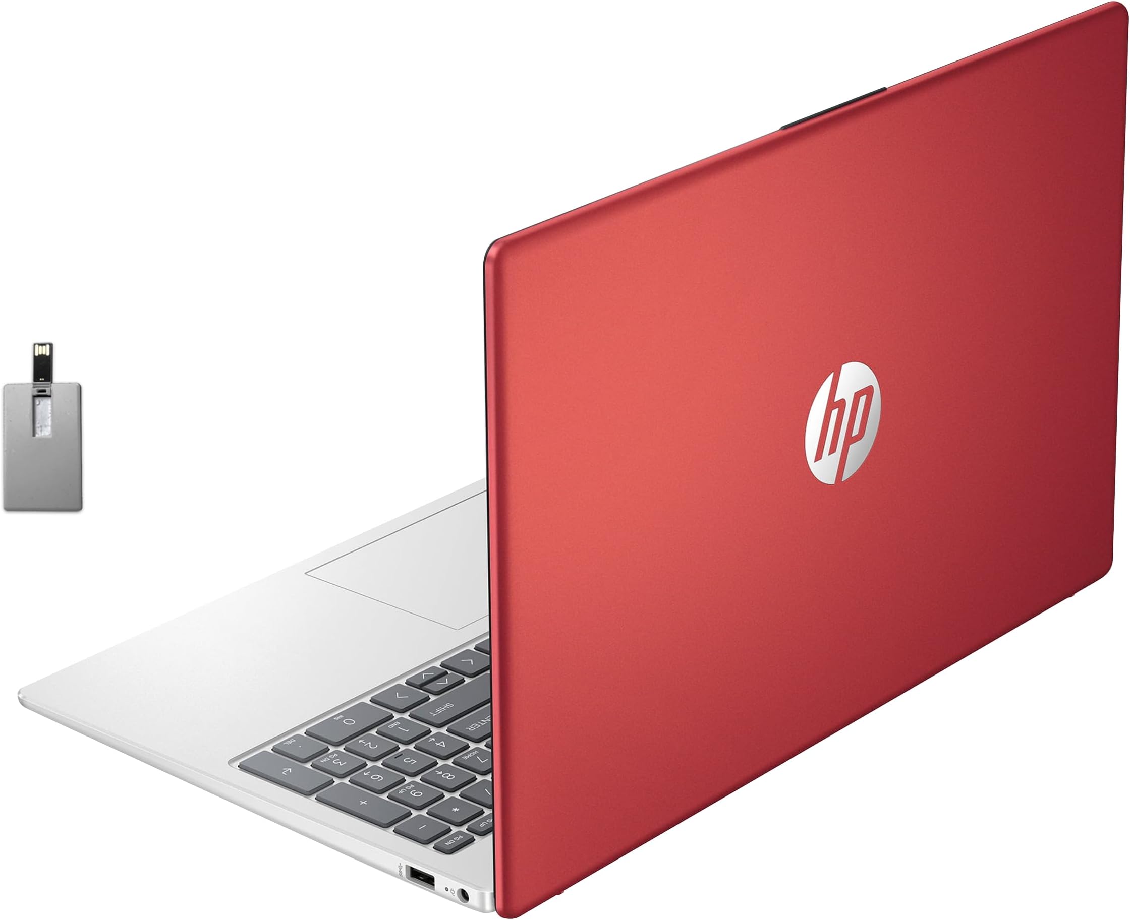HP 15.6" HD Anti-Glare Student Laptop, Intel N200 Pentium Processor, 8GB DDR4 RAM, 128GB PCIe SSD, 1 Year Office 365, Intel UHD Graphics, Wi-Fi 6, Windows 11, Scarlet Red, 32GB Hotface USB Card