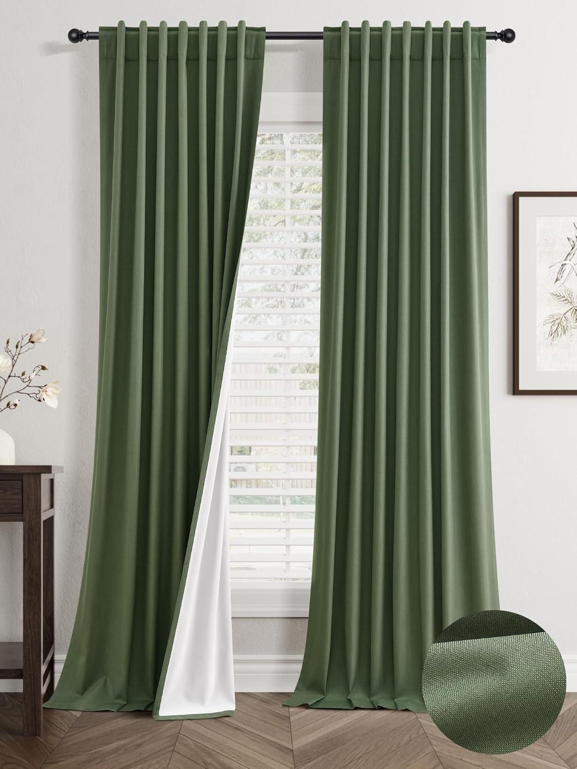 Olive Green Linen Blackout Curtains 96 Inch Length 2 Panels Set for Living Room Bedroom Thermal Noise Reduction 100% Black Out Linen Drapes Room Darkening Window Curtains 96 Inches Long Back Tab