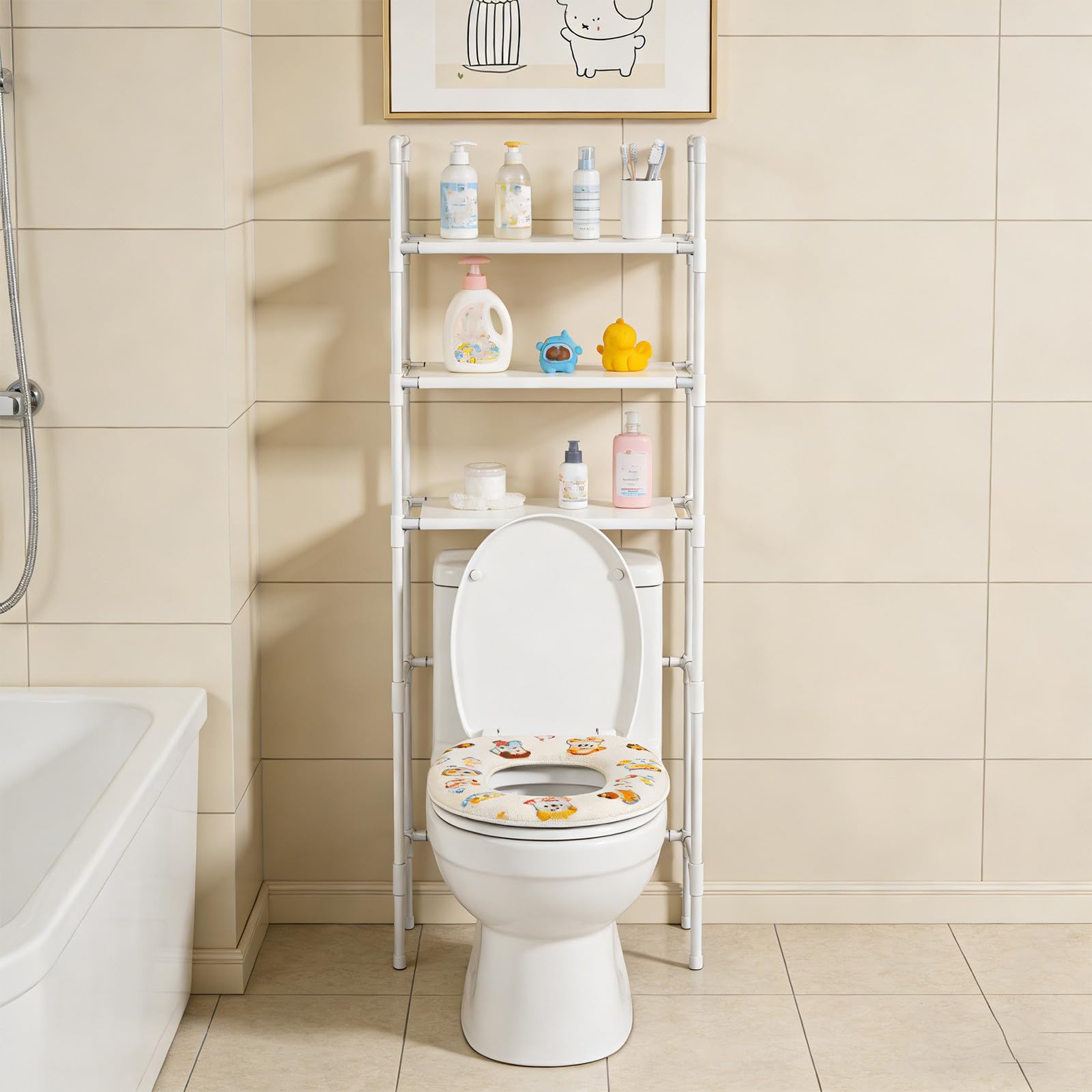 3-Tier Over The Toilet Storage Rack, Over The Toilet Space Saver Over The Toilet Rack, Free Standing Plastic Bathroom Shelf, Easy Assembly,Storage Shelf Unit Organizer Bathroom Shelf (White)