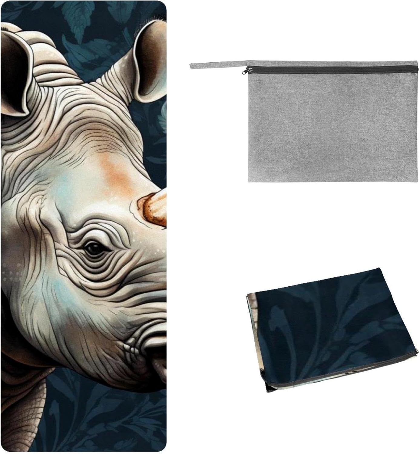 Yoga Towel, Rhino Animal Print Non Slip Sweat Absorbent Hot Yoga Mat Towel for Hot Yoga, Pilates and Fitness - 72.8" x 26.8"