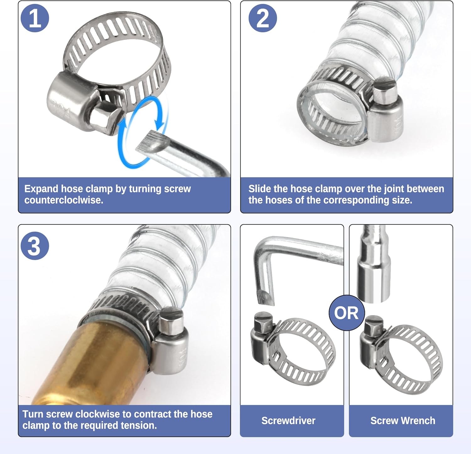 200 PCS Hose Clamp Assortment Kit 304 Stainless Steel Hose Clamps Adjustable 1/4"-2"(6-51mm) Worm Gear Clamps for Fuel Line, Plumbing, Automotive, Pipe, Radiator, Garden
