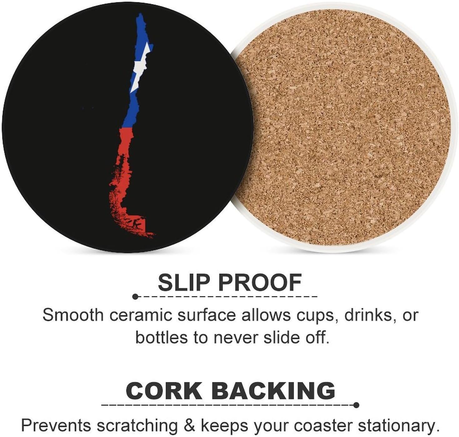 Flag Map of Chile Round Ceramic Coasters for Drinks Absorbent Cup Holder Tabletop Protector with Cork Base