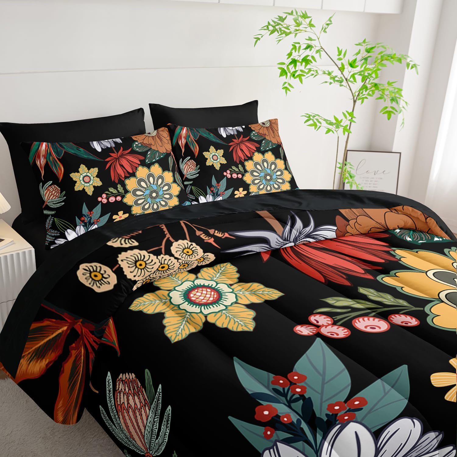 Nttopship 7 Pieces Colorful Floral Comforter Set,Bohemian Botanical Bedding Set Queen Size,Boho Farmhouse Flower Leaves Printed on Black Design,All Season Lightweight Soft Microfiber Bedding Set image 3