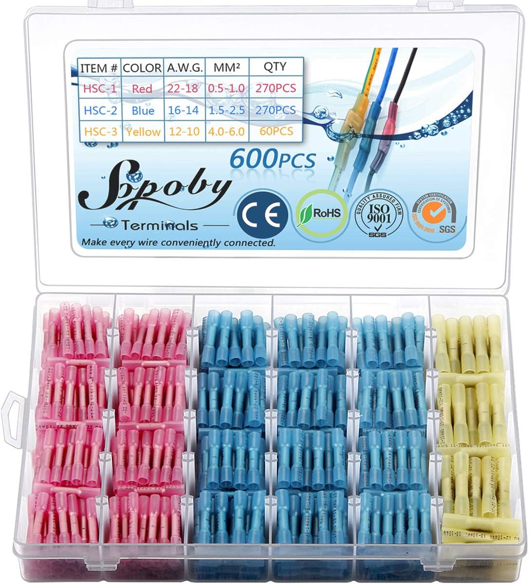 600 PCS Heat Shrink Butt Connectors Sopoby Electrical Connectors Wire Terminals Insulated Waterproof Marine Automotive Copper Connectors