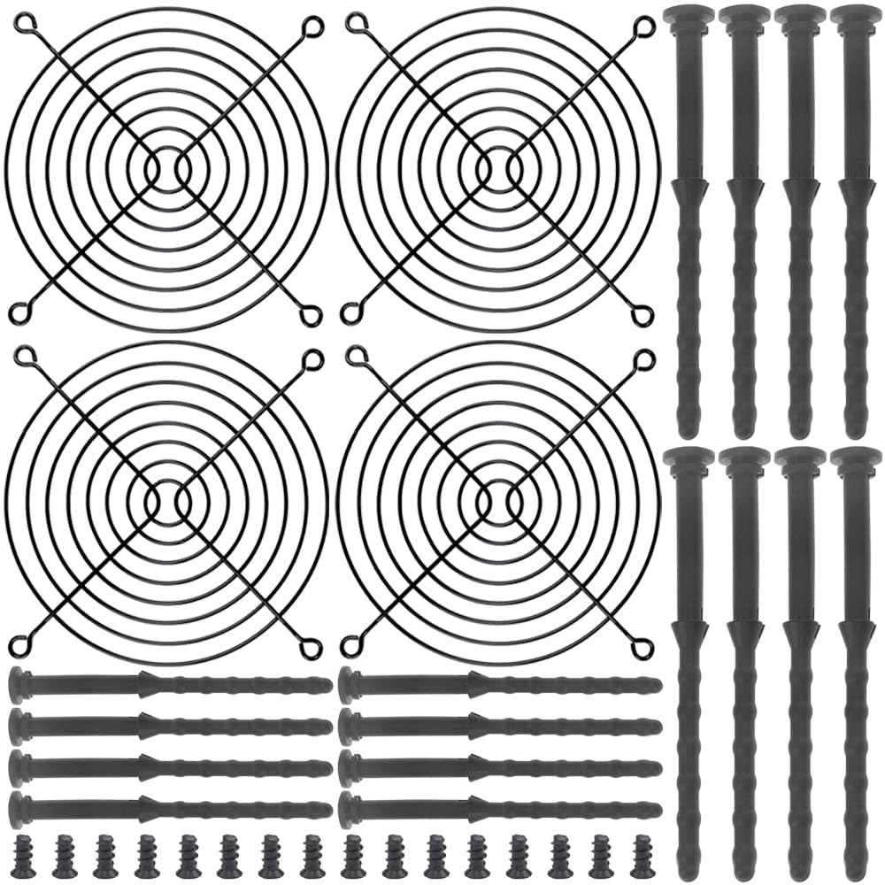 140 mm griglie nere per dita, griglia per ventola di raffreddamento per PC 140 mm copertura di protezione per PC, con viti, vite per ventola PC in gomma (4 pacchetti)