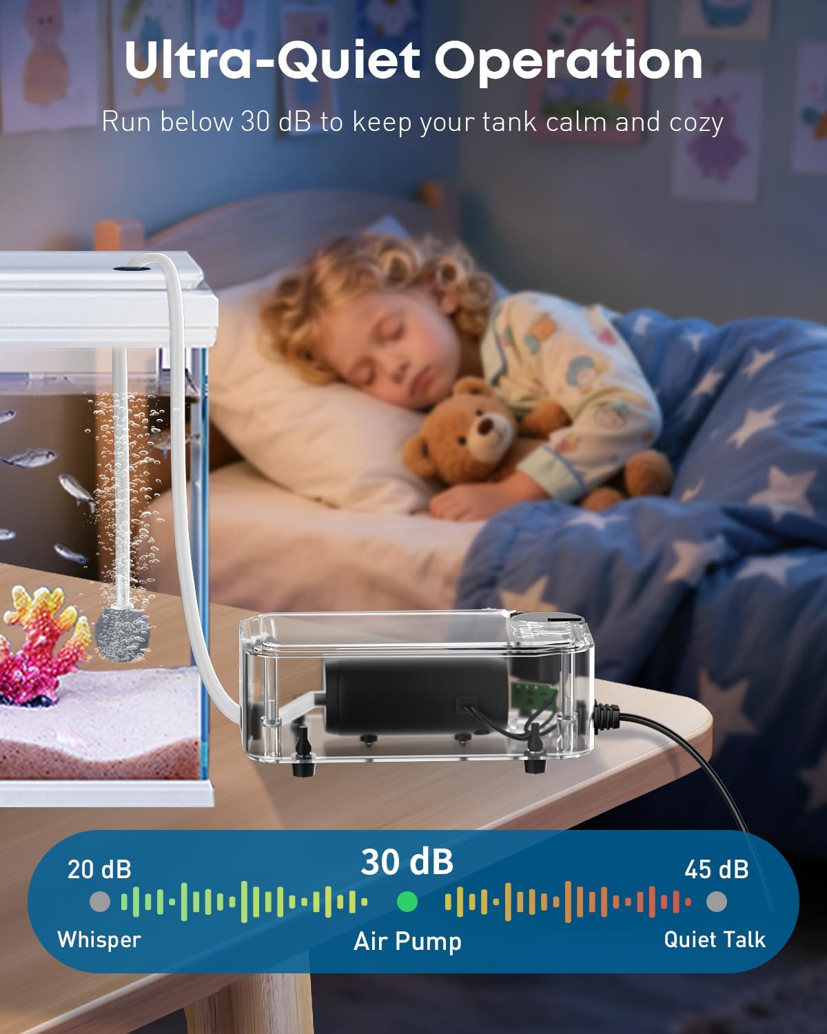 A child sleeping peacefully next to an aquarium with the Pawfly Air Pump operating quietly, illustrating its low noise level below 30 dB.