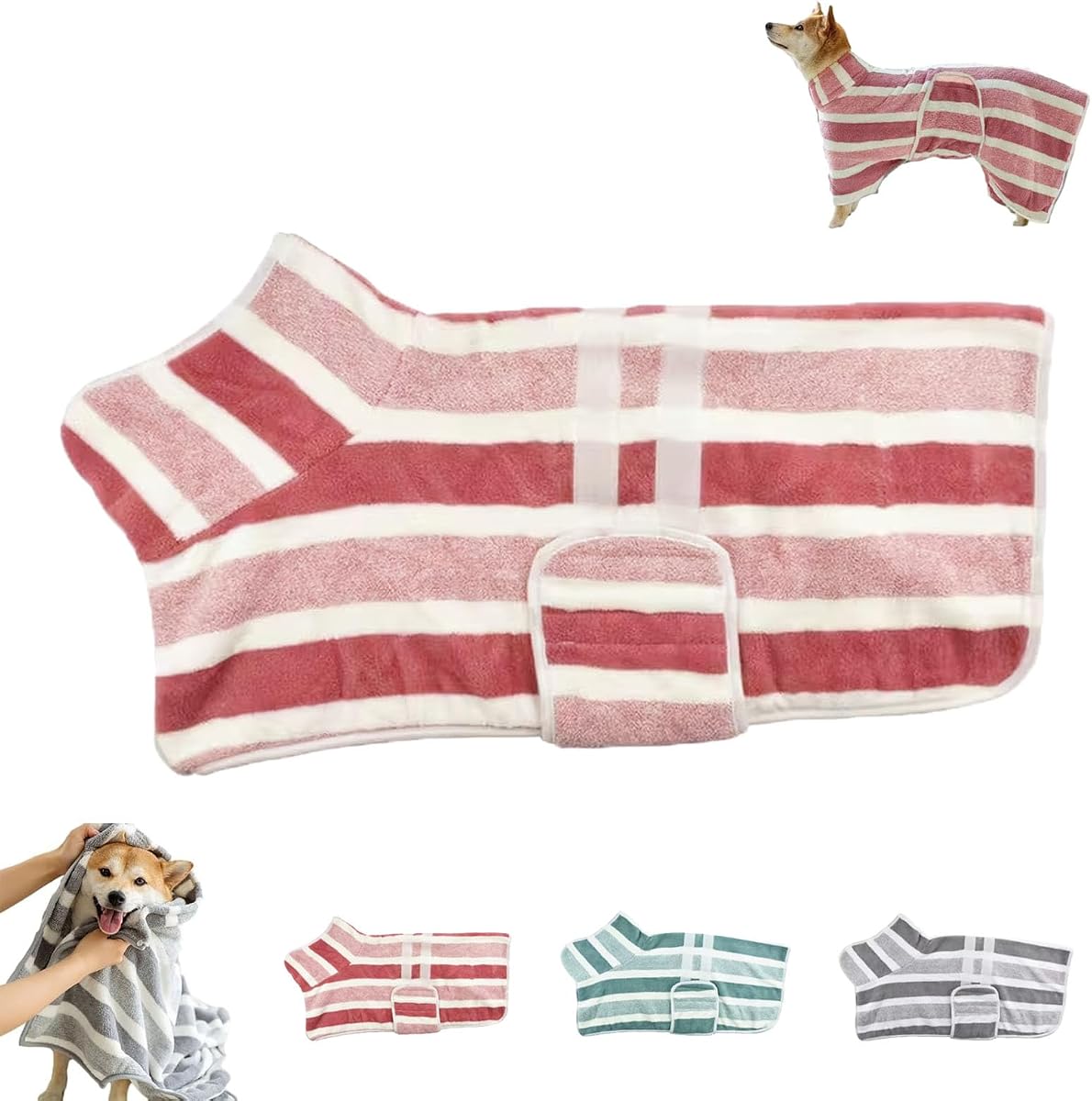 Albornoz para perros de secado rápido, albornoz a rayas para perros con banda ajustable para el vientre, albornoz para perros de secado rápido súper absorbente, diseño de 1 pieza, para perros pequeños, medianos y grandes (rojo, XXS)