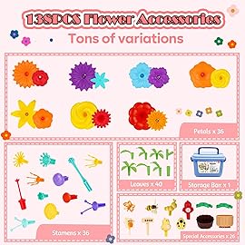 FUNZBO 138pcs Flower Garden Building Set - Christmas Spring Toys for 3 4 5 6 7 Years Old Girl, Sorting & Stacking Building Block, STEM Montessori Educational Toy for Kid Toddler Birthday Gift