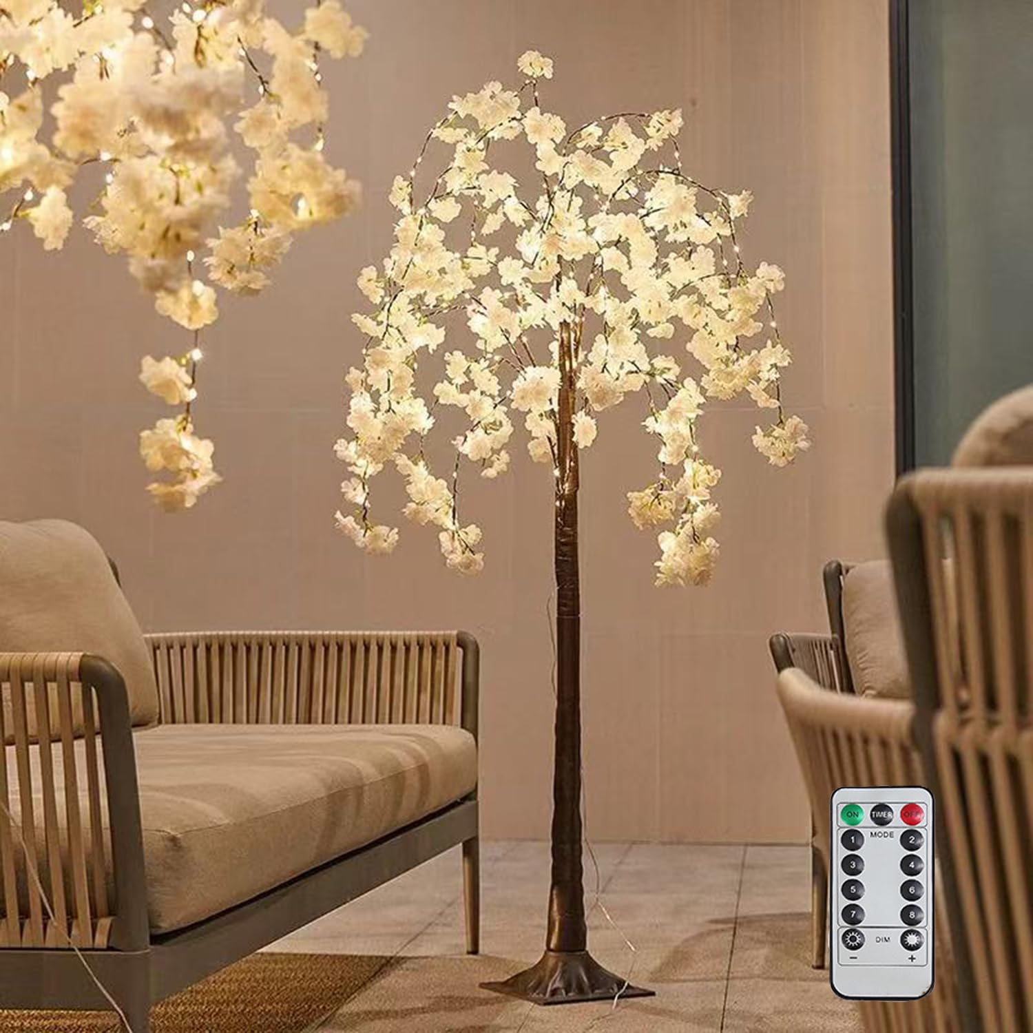 Illuminated Cherry Blossom Tree 180cm, LED Tree Light 8 Light Modes with Remote Control, Artificial Cherry Blossom Tree Pink with 450 Lights, Deco Lamp Indoor Outdoor for House Home Party,180CM