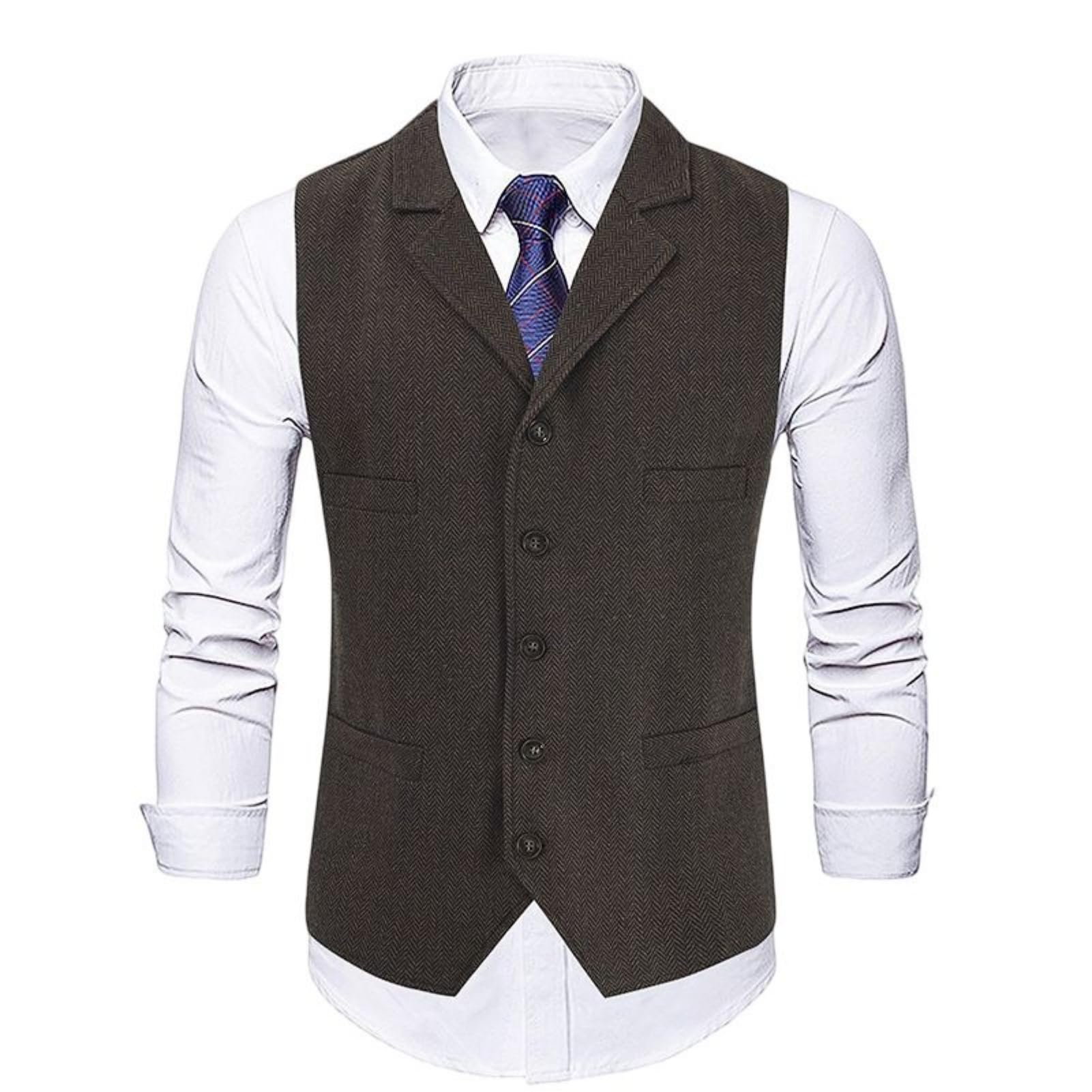Chaleco de tweed en espiga para hombre corte ajustado cuello en V uniforme trabajo marrón S 7
