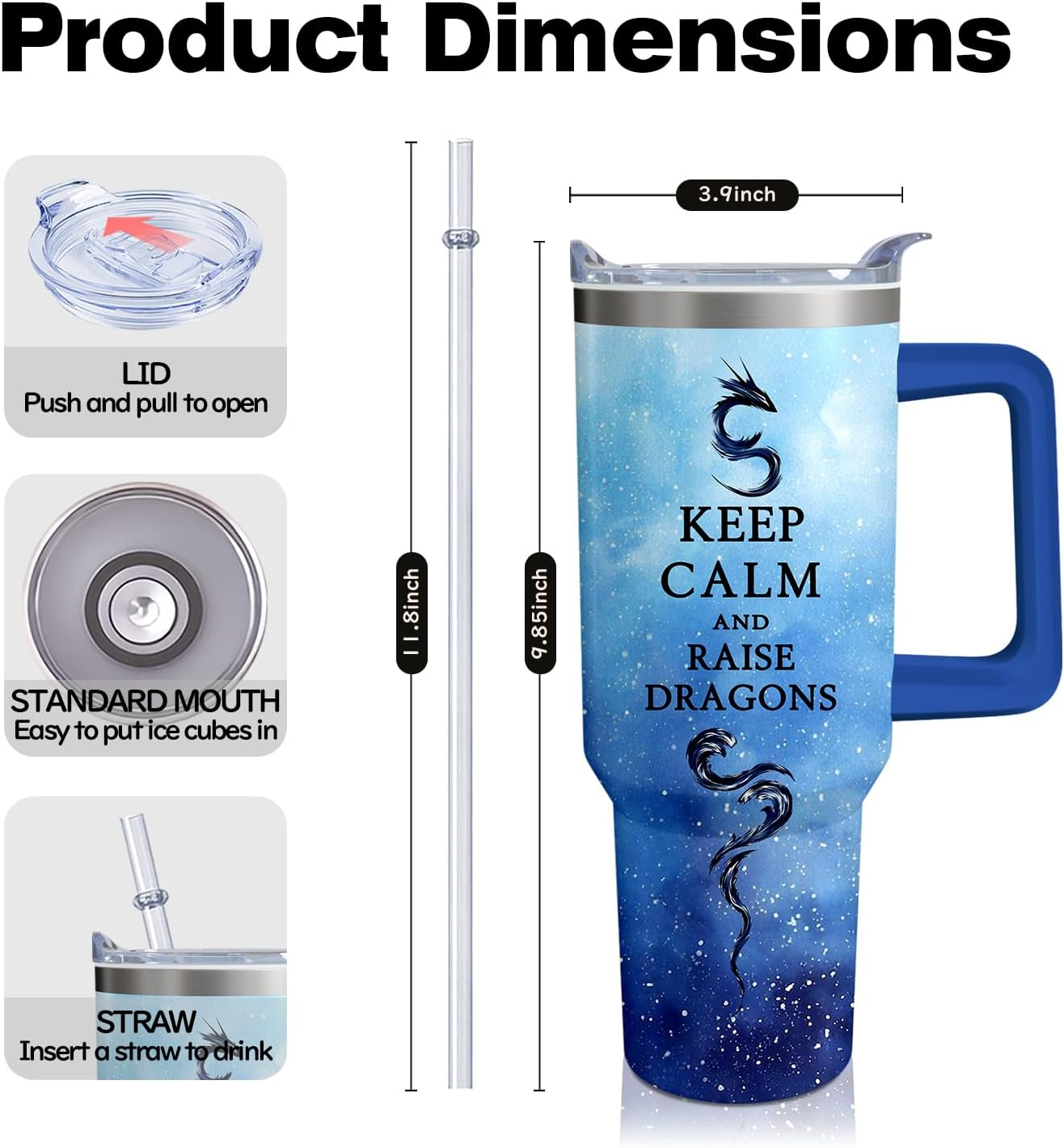 40oz Chinese Dragon Stainless Steel Tumbler with Handle and Straw, Insulated Cup Travel Coffee Mug Water Bottle with Lid and Straw, Animal Lovers Women Gifts