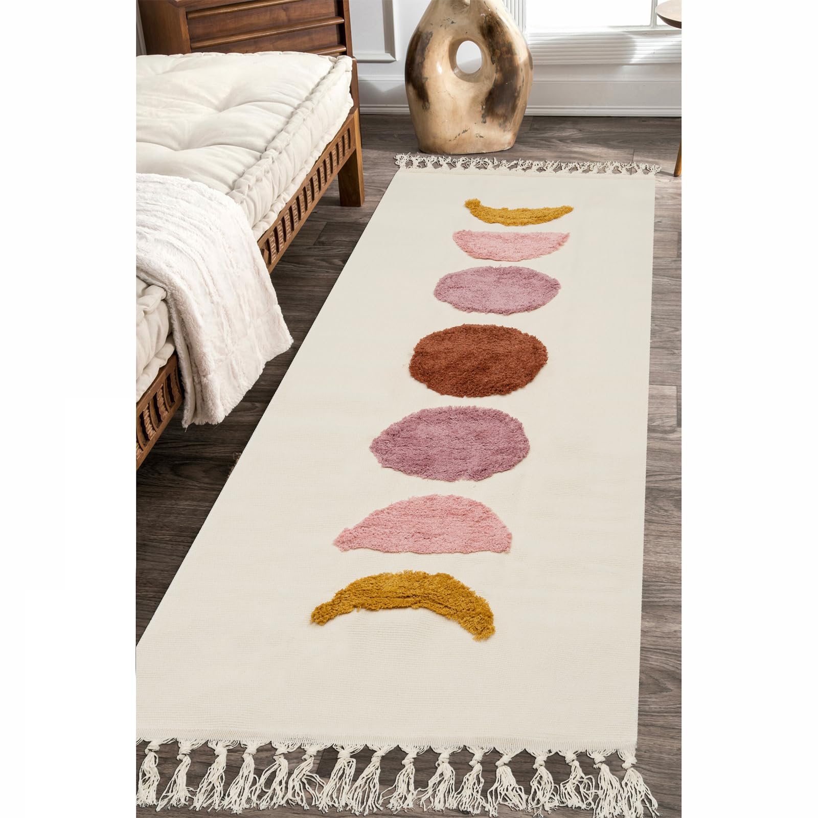 LINROMIA Alfombra Pasillo Larga 60x150cm, Boho Beige Luna Alfombra de Algodón con Borlas Tejidas, Alfombra Lavable para Baño, Cocina, Salon, Dormitorio, Entrada