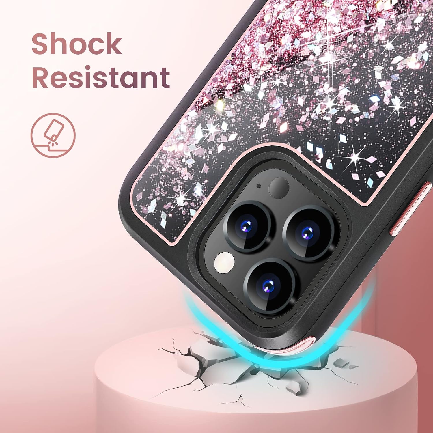 Caka Glitter Case for iPhone 13 Pro, iPhone 13 Pro Case for Women Girls with Screen Protector Full Body Bling Liquid Sparkle Bumper Black Heavy Duty Case for iPhone 13 Pro(6.1 inches) (Rose Gold)