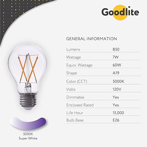 Miniatura 4 de Goodlite Bombilla LED G-83446 de 5000 K, 7 W, A19, 850 lúmenes, equivalente a 60 W, base E26, color blanco superregulable