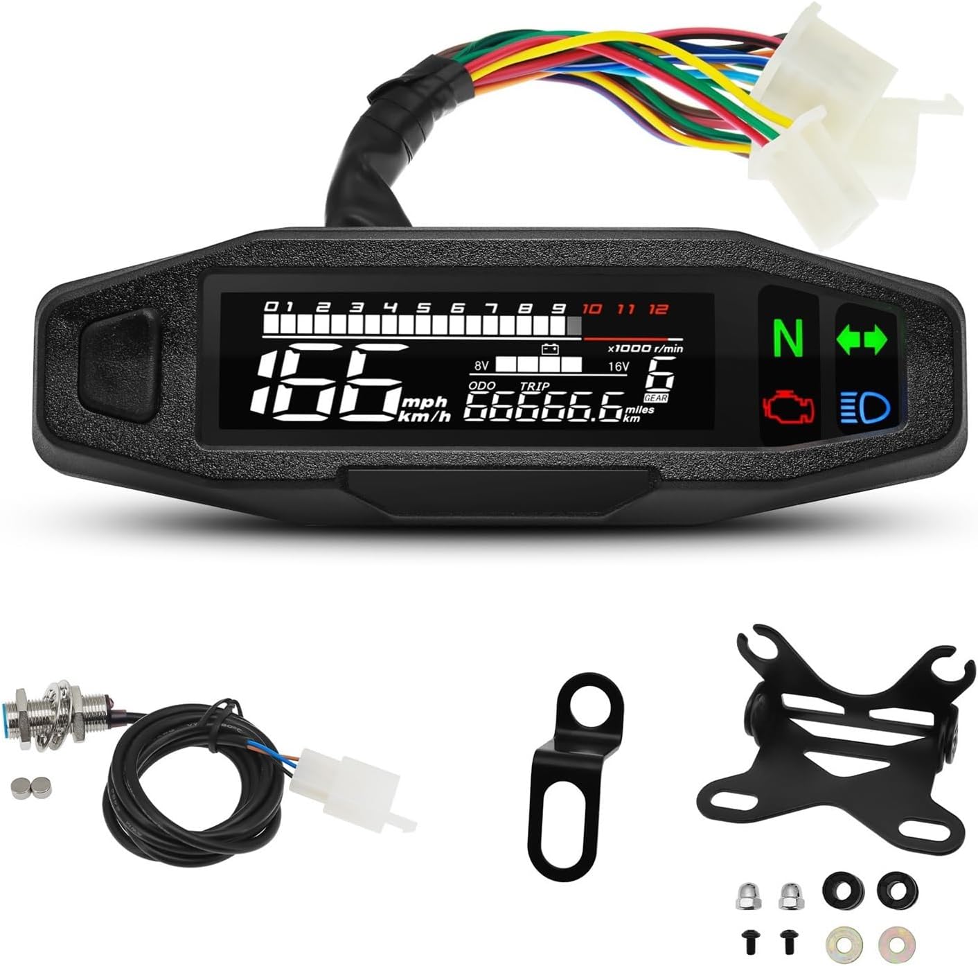 Motorcycle Speedometer Gauge Universal Motorcycle Meter Tachometer LED Digital Dashboard 12000RPM Gauge Tachometer Panel Motor Odometer Display Bracket
