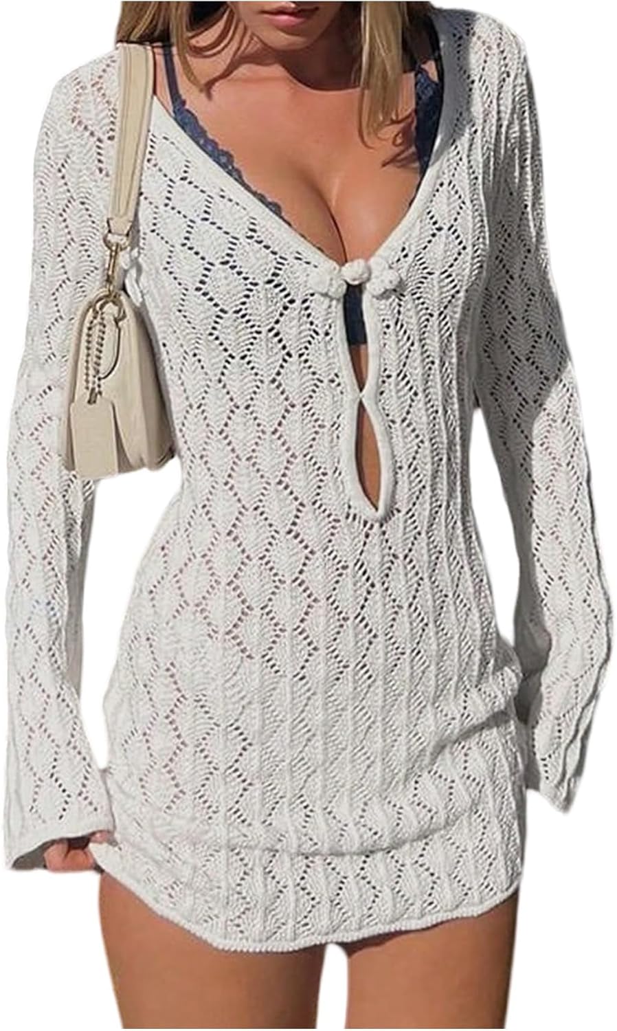 GORGLITTER Women's Crochet Bikini Cover Up Dress Cut Out Long Sleeve Beach Bathing Suit Swimsuit Outfits