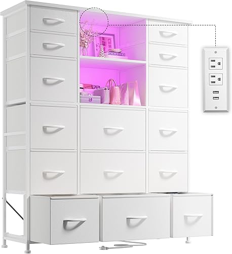 Miniatura 11 de EnHomee Cómoda de 51" de altura con 15 cajones, cómoda para dormitorio con estación de carga y luces LED y estante superior, cómodas de dormitorio