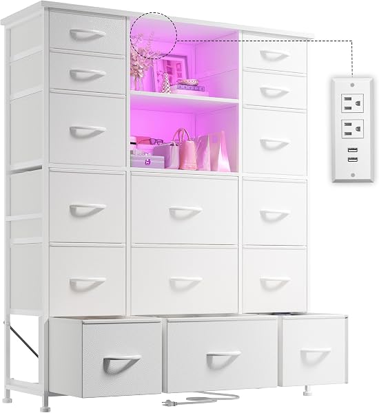 EnHomee 15 Drawer Dresser for Bedroom with Hutch 51 H Tall Dressers with Charging Station & LED Lights