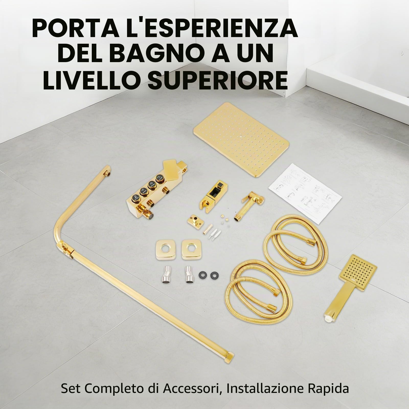 Sistema doccia dorato, regolabile in altezza (80-120 cm), set da parete con 4 funzioni, uscita acqua, doccia a pioggia, doccetta, rubinetto per vasca da bagno, bidet doccia