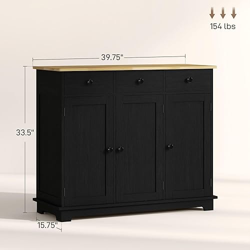 Vista 30 de HOMCOM Sideboard with Solid Wood Countertop, Modern Kitchen Storage Cabinet, Coffee Bar Cabinet with 2 Drawers, Doors and Adjustable Shelf, Black