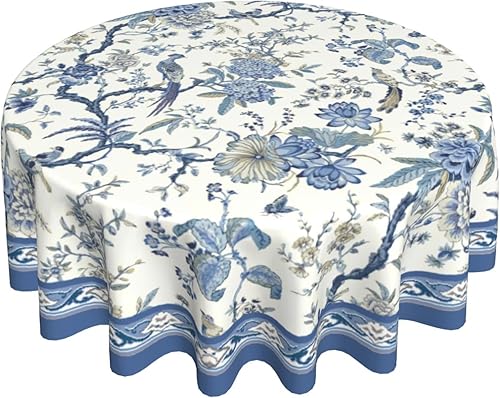 Giwawa Chinoiserie - Mantel redondo de 60 pulgadas, diseño de pájaros y flores azules y blancas, funda de mesa clásica de porcelana floral estilo