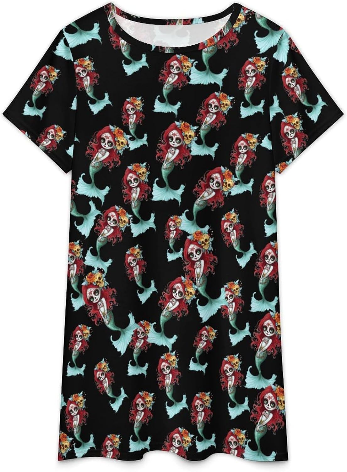 Mermaid with Day of The Dead Nightgowns for Women Short Sleeve Sleep Dress Casual Sleepshirt Night Gowns Pajamas