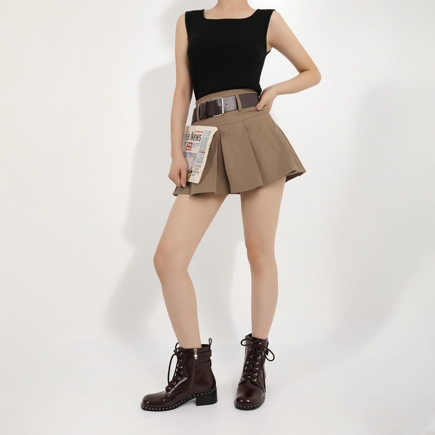 Women's Chunky Combat Boots Lace Up Ankle Booties with Buckle Straps Studded Low Block Heel Casual Short Boots - Image 3