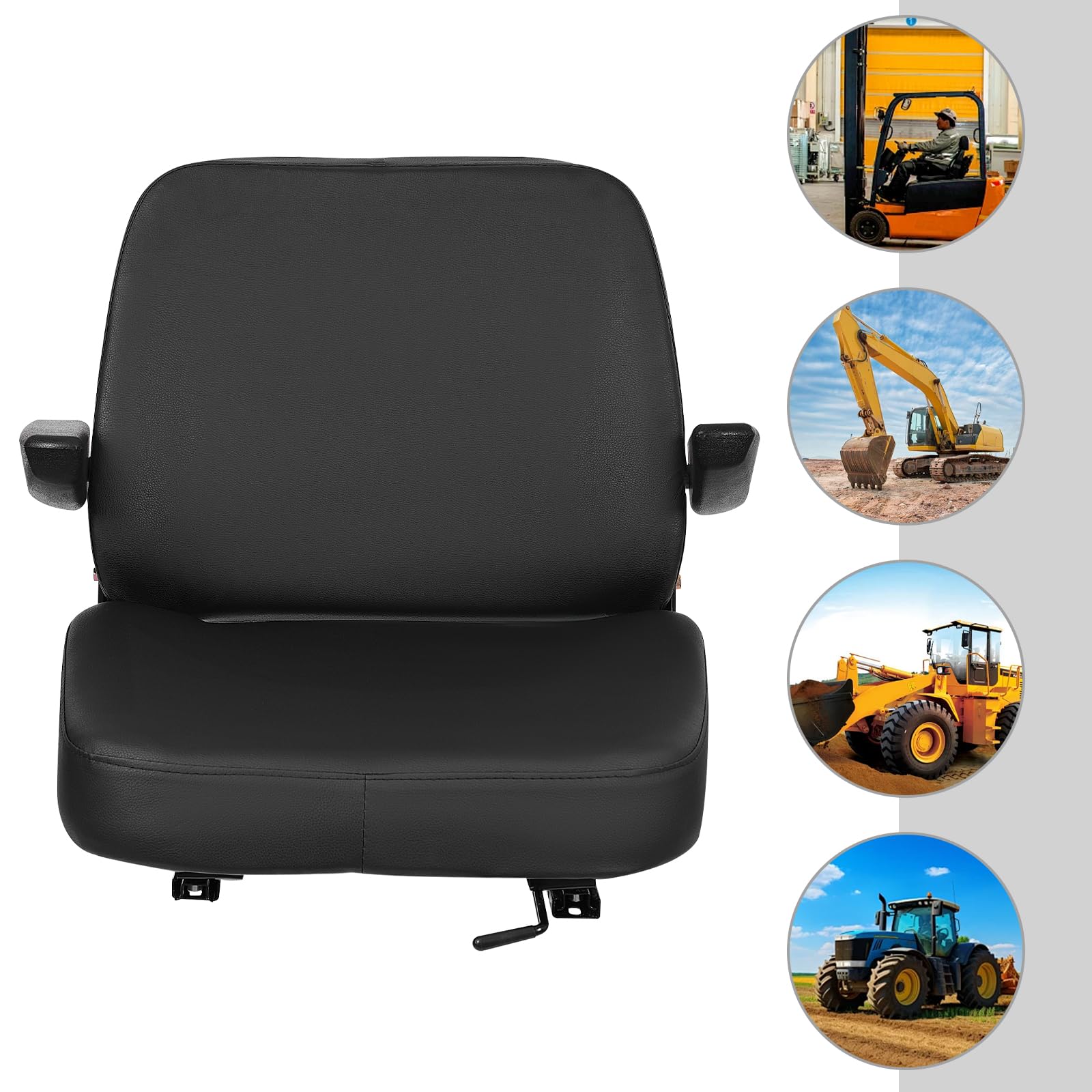 Asiento para carretilla elevadora con reposabrazos de piel sintética y metal, asiento de repuesto ajustable para tractores, cortacésped, excavadoras, negro con capacidad de carga de 100 kg