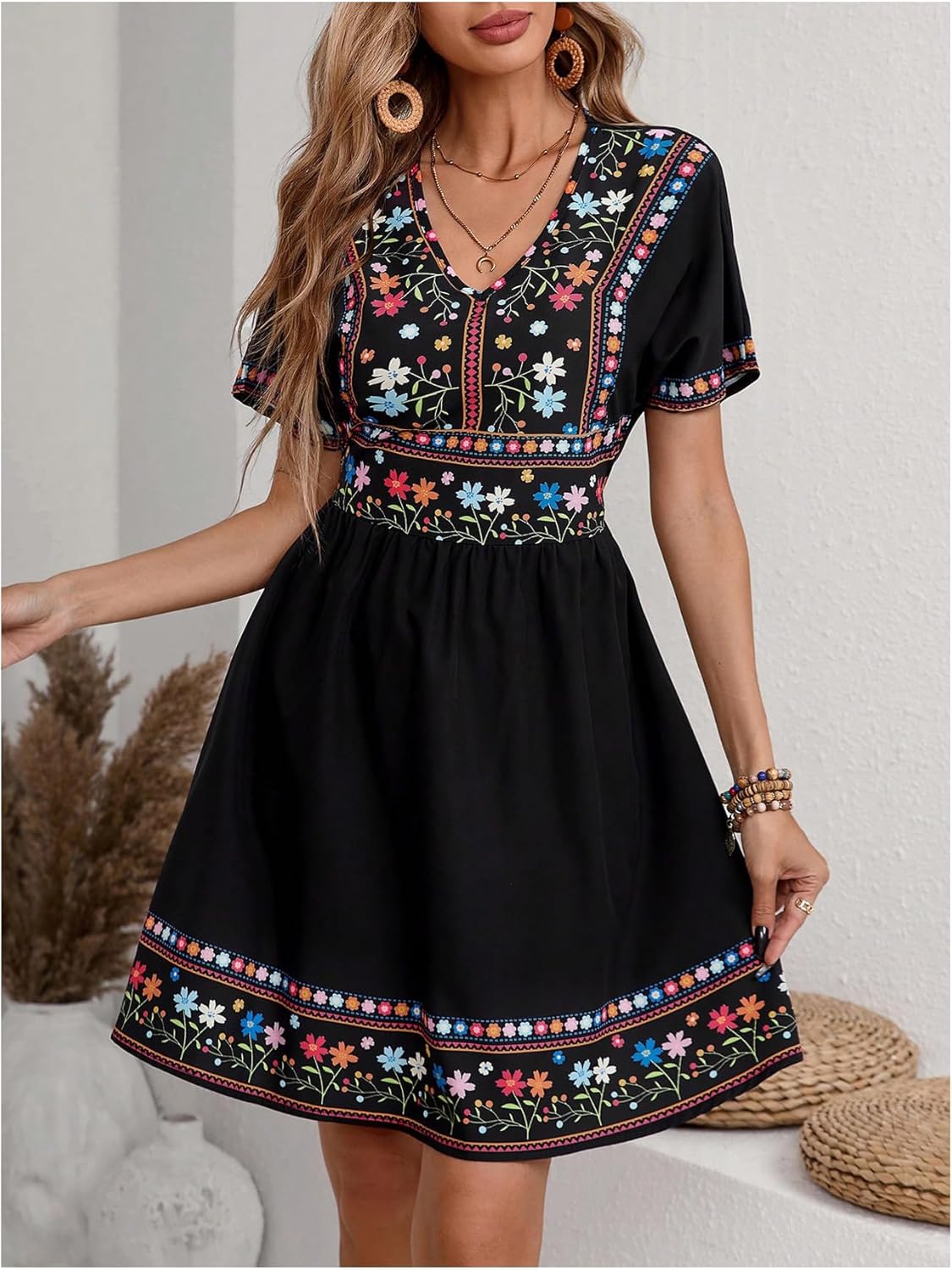 SweatyRocks Women's Floral Print A Line Dress V Neck Short Sleeve Boho Vacation Dresses - Image 5