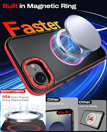 BENTOBEN Magnetic for iPhone 16e Case 2025 [Compatible with Magsafe] [Metal Camera Protection] Slim Translucent Matte Back Anti-Slip Bumper Women Men Phone Cases for iPhone 16e 6.1, Red/Black