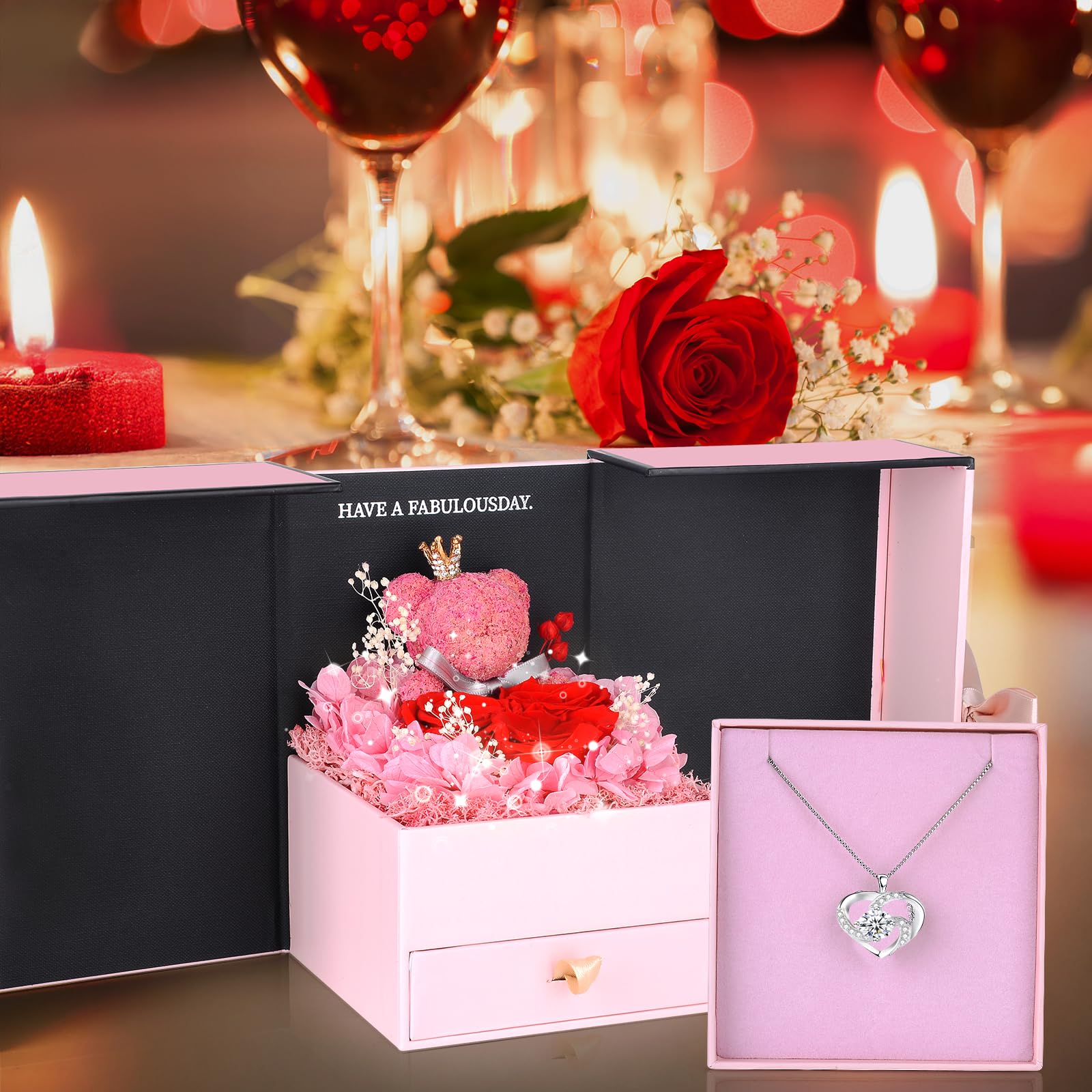 Rosa Eterna con Oso de Musgo,Rosa Eterna Natural Preservada con Collar Regalos Originales para Mujer Mama Novia Caja Regalo San Valentin,Dia de la Madre,Aniversario,Cumpleaños,Navidad