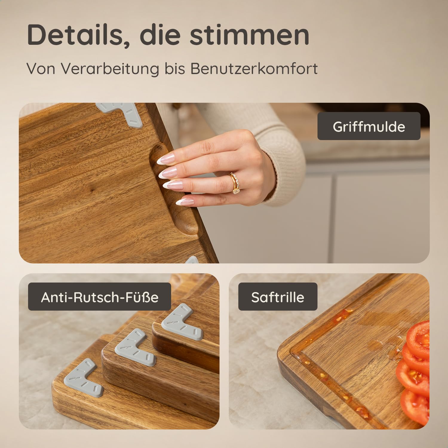 Schneidebrett Holz 3er Set mit Ständer (40x30, 33x24, 26x18 cm) - FSC Akazienholz Schneidebrett massiv 2.5 cm dick mit Saftrille - Acacia Holz Küchenbrett Set groß klein