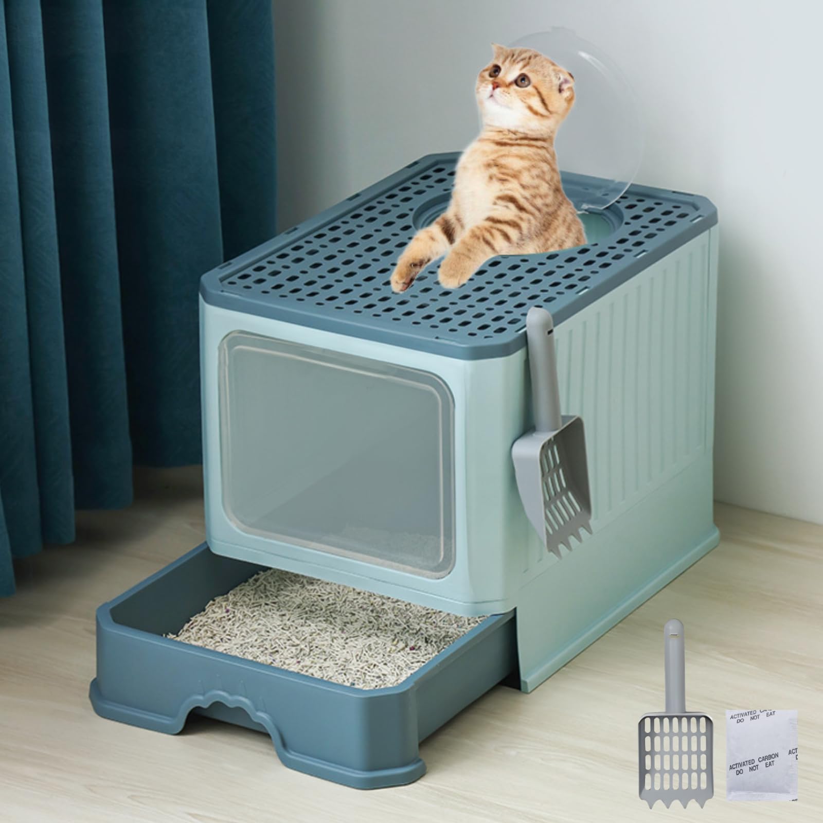 Largo Arenero/Inodoro para Gato con Pala,Removibles Plegable Arenero Cerrado 50*40*40cm,Caja de Arena para Mascotas(peso＜13KG) con Puerta Superior&Puerta Lateral Móvil de dos Direcciones,Desodorizante